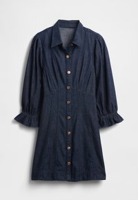 Rochie din denim albastru închis. Are un guler, mâneci bufante cu mansete cu volane și închidere frontală cu nasturi maro.