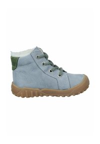 Botín de cuero azul hasta el tobillo con acentos grises y verdes. Presenta una superficie texturizada, cordones redondos y una suela de goma con agarre. Interior forrado de forro polar.