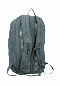 Rucksack aus dunkelgrünem Stoff, mit Netzrücken und -trägern, verstellbaren Schnallen und Seitentaschen. Leicht und langlebig im Design.