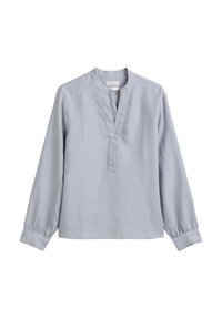 Ljust blå långärmad blus med mandarin-krage, frontplaquet och rynkade manschetter. Mjuk tyg med en slät textur, minimalistisk design.