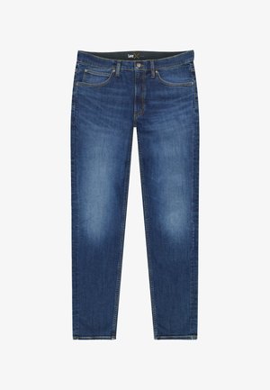 Blaue Jeans aus Denim mit Vordertaschen und Gürtelschlaufen, leicht ausgewaschen an den Oberschenkeln, mit Knopfverschluss an der Taille.