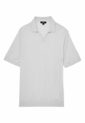 Vaaleanharmaa, lyhythihainen pikeepaita, jossa on avoin kaulus ja resorireuna, aseteltuna tasaisesti valkoiselle taustalle.