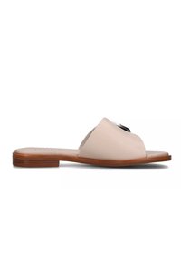 Infradito beige con design aperto, tomaia in sintetico liscio e suola in legno marrone chiaro, con un dettaglio in accentazione nera.