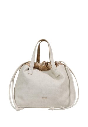 Beige tekstureret håndtaske med dobbelte top-håndtag, snørelukning med kortprintstof og "T CLAIRE" logo foran i midten.