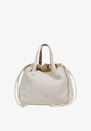 Borsa beige con texture, doppi manici superiori, chiusura a coulisse con tessuto stampato con mappa e logo "T CLAIRE" al centro davanti.