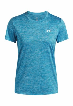 T-shirt de sport bleu clair en tissu doux et texturé. Il a un col rond et des manches courtes. Logo imprimé sur le devant.