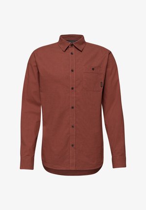 Pitkähihainen, napillinen miesten paita ruosteenvärisenä, jossa on nappillinen rintatasku ja hienovarainen pystysuora tekstuuri.