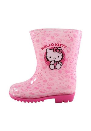 Botte de pluie translucide rose avec un motif Hello Kitty, un nœud, ainsi que des petits motifs répétés de Hello Kitty et de nuages, avec une semelle rose.