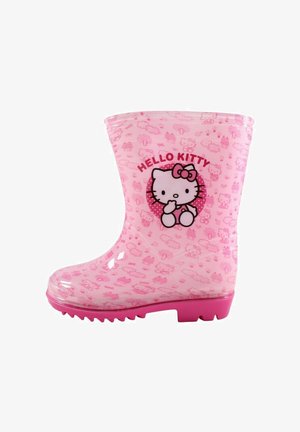 Botte de pluie translucide rose avec un motif Hello Kitty, un nœud, ainsi que des petits motifs répétés de Hello Kitty et de nuages, avec une semelle rose.