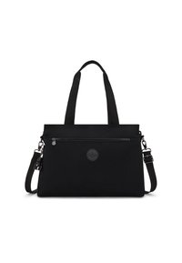 Black tote bag made of durable fabric with a zippered front pocket, dual handles, and an adjustable shoulder strap. Features a logo accent.