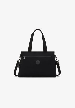 Black tote bag made of durable fabric with a zippered front pocket, dual handles, and an adjustable shoulder strap. Features a logo accent.