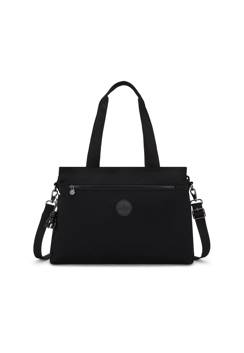 Black tote bag made of durable fabric with a zippered front pocket, dual handles, and an adjustable shoulder strap. Features a logo accent.