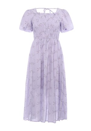 Light purple midi dress with puff sleeves, smocked bodice, small floral print, and tie detail at square neckline.
