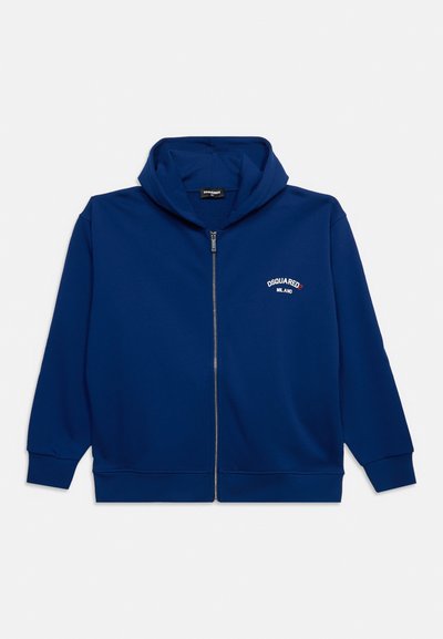 Μπλε ναυτικό φούτερ με φερμουάρ μπροστά, τσέπες, μακριά μανίκια και λογότυπο "DSQUARED2 MILANO" στο αριστερό στήθος.