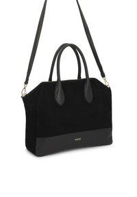 Fekete velúr kézitáska sima bőrkiegészítőkkel, kettős füllel, leválasztható vállpánttal, valamint arany logóval az elején. Cipzáras záródás a tetején.