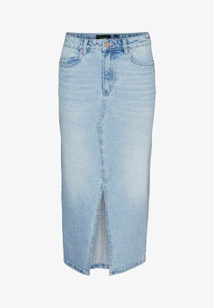 Ανοιχτό μπλε τζιν φούστα με μπροστινό σκίσιμο, στενή σχεδίαση, κανονική μέση και πέντε θηλιές ζώνης. Διαθέτει κλασικές ραφές τζιν.