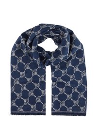 Marineblauwe sjaal met een wit geometrisch patroon van vervlochten cirkels, afgewerkt met franjes voor textuur.