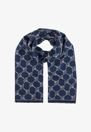 Marineblauwe sjaal met een wit geometrisch patroon van vervlochten cirkels, afgewerkt met franjes voor textuur.