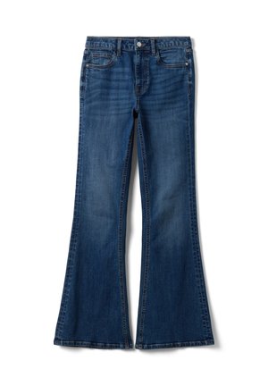Blaue Denim-Jeans mit hoher Taille und weit ausgestellten Beinen, mit Vordertaschen und Knopfverschluss.