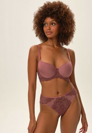 Bra and panty set in mauve fabric, featuring lace accents. Bra has padded cups and adjustable straps; panties have intricate lace detailing.