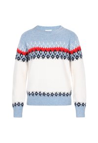 Stickad tröja i krämfärg, blått och rött. Har ett Fair Isle-mönster med geometriska designer, ribbade mudd och rund halsringning.