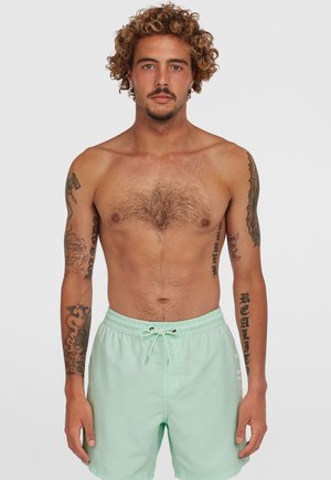 Pantaloni da bagno verde menta con vita elastica e cordino. Presentano una texture liscia e dettagli stampati sui lati.