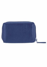 Portafoglio in pelle blu navy con finitura testurizzata, chiusura con zip e piccolo soffietto, forma rettangolare, design compatto.