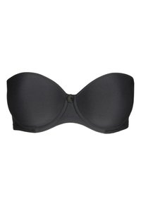 Black strapless bra with seamless, padded cups. Smooth fabric, molded shape, and front center button detail. No additional ornamentation.