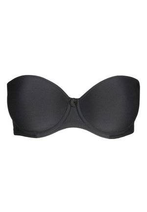 Czarny biustonosz bez ramiączek z gładkimi, wyściełanymi miseczkami. Gładki materiał, uformowany kształt i detal w postaci guzika na środku przodu. Brak dodatkowych ozdób.