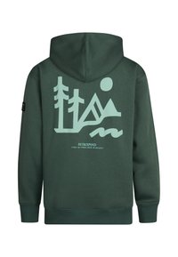 Groene hoodie met een achterontwerp met lichte muntgroene graphics van bomen, bergen en de zon, samen met het merlogo onderaan. Gemaakt van katoen.