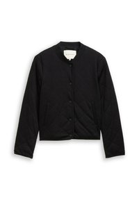 Czarna pikowana kurtka z okrągłym dekoltem, zatrzaskami i bocznymi kieszeniami. Wykonana z fakturowanego materiału, o krótkim kroju.