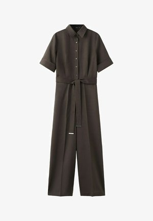 Tuta corta a maniche corte di colore marrone scuro con bottoni sul davanti, colletto, pantaloni a gamba larga e cintura in tessuto abbinato annodata in vita.