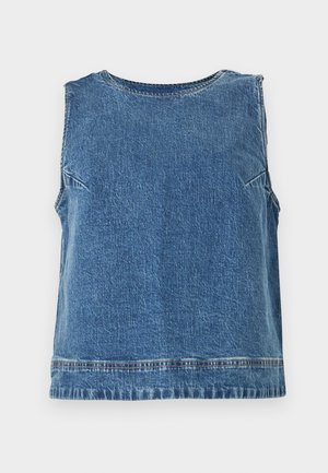 Denimist varrukateta särk keskmises sinises toonis, ümar kaelus. Omab peent tekstuuri ja sirget äärepaela, minimaalsete õmblusdetailidega.