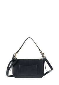 Borsa a mano in pelle nera con finitura texturizzata, tasca frontale e tracolla staccabile. Caratterizzata da una chiusura con zip superiore e hardware in tono oro.