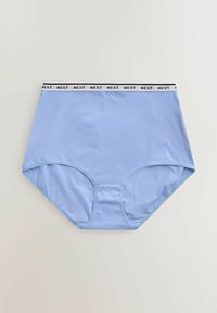 Culotte en coton bleu clair taille haute avec ceinture élastique présentant le logo "NEXT" répété en noir sur fond blanc.