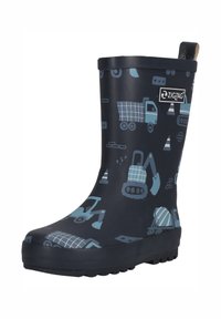 Navy kumi'établissement en caoutchouc, avec des véhicules de construction en bleu clair. Semelle texturée pour une bonne adhérence, avec une languette pour un enfilage facile.