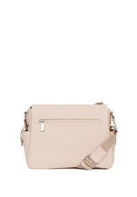Borsa a tracolla beige realizzata in materiale sintetico liscio, con una tasca frontale con zip e una tracolla regolabile. Design semplice e rettangolare.