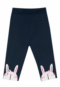 Leggings de color azul marino con una cinturilla elástica, que presentan apliques de conejitos blancos en los puños con acentos rosas y detalles de costura.