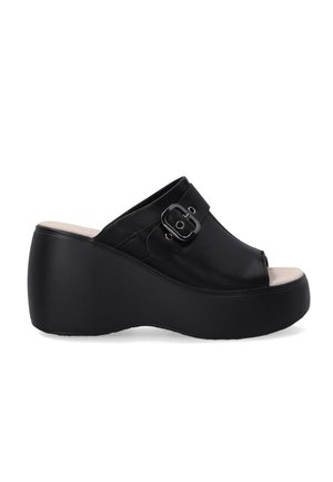 Black wedge mules with a textured platform, a smooth leather upper, and an adjustable buckle detail on the strap. Open-toe design.