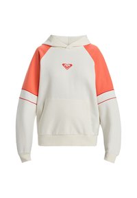 Hooded sweatshirt in off-white with coral raglan sleeves. Features a front pocket and a small red logo on the chest. Soft, textured fabric.