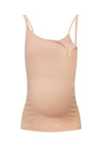 Perzikkleurige zwangerschaps tanktop met verstelbare bandjes en een zijkliksluiting voor gemakkelijke toegang tot borstvoeding. Rekbare, zachte stof voor comfort.