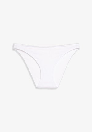 Bas de bikini blanc en coton, avec une taille basse, une texture lisse et une couverture medium, agrémenté de fines lanières sur les côtés.