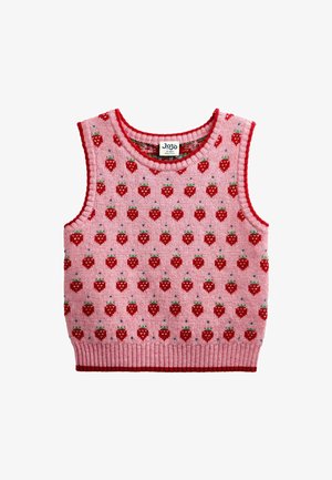 Lyserød strikket ærmeløs toddler vest med røde jordbærmønstre og røde kanter på kanterne.