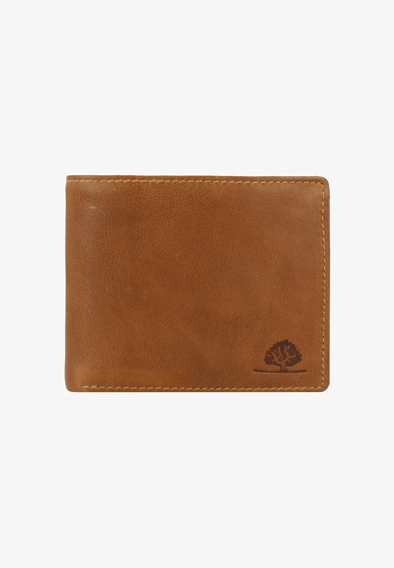 Portefeuille en cuir marron avec une texture lisse, design bi-fold, coutures détaillées et un logo d'arbre embossé subtil dans le coin inférieur droit.