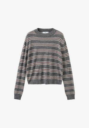 Sivi pleteni pulover z dolgimi rokavi, s horizontalnimi črtami v bordo in krem barvi. Okrogel izrez in skrajšan kroj.