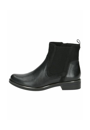 Bottines noires avec un dessus en cuir lisse, des panneaux élastiques sur les côtés et un petit talon bloc avec un contour métallique. Accents texturés sur les côtés.