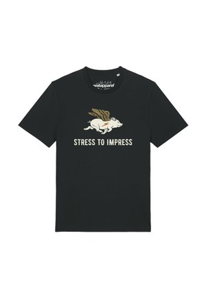 Black T-shirt with a flying pig graphic and the text "STRESS TO IMPRESS" below the pig on the front.