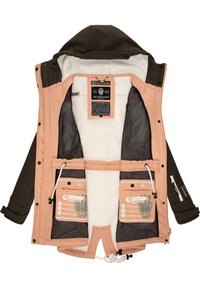 Insulated jacket with a removable hood; outer layer is dark green, inner lining is light beige with peach accents and multiple pockets with labels.