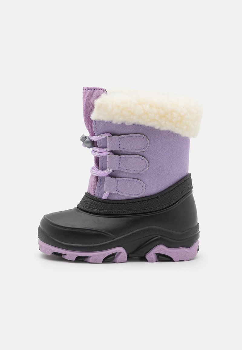 Lila wasserdichte Schneestiefel mit schwarzer Gummisohle, ausgestattet mit einem flauschigen weißen Kragen und drei verstellbaren Riemen für einen sicheren Sitz.