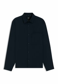 Camicia button-up a maniche lunghe blu navy con colletto classico, taschino sul petto e tessuto morbido e testurizzato. Design minimalista senza motivi.